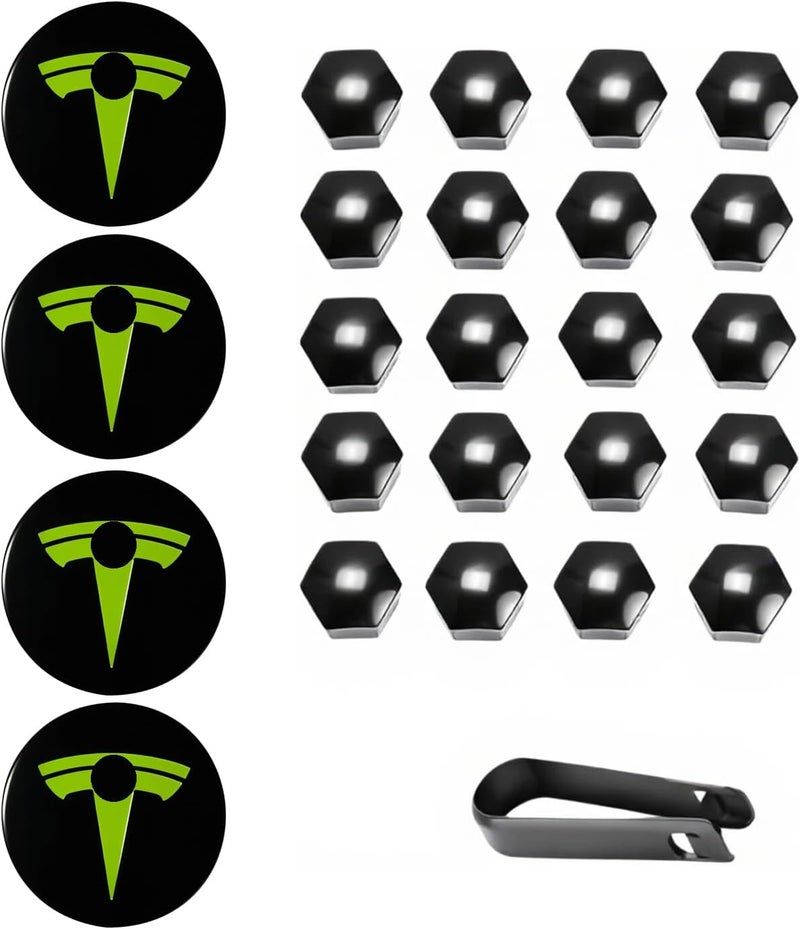 Tesheer Wheel Center Hub Cap Kit with Tesla Emble Brand Center Caps for Model 3 Model Y with 20 Lug Nut Covers (4PCS) (Green) - Image 2